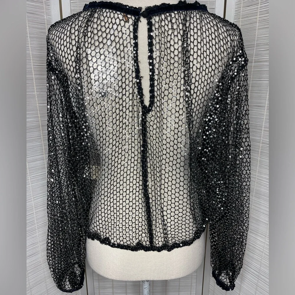 Free People Sparks Fly Sequin Fishnet Mesh Top Black Velvet Detail NWT M
